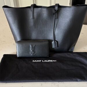 Saint Laurent Classic Black Leather Tote and Wallet